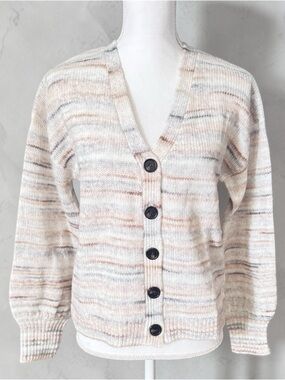 V-Neck Button Front Women's Cardigan Sweater in Cream Stripes